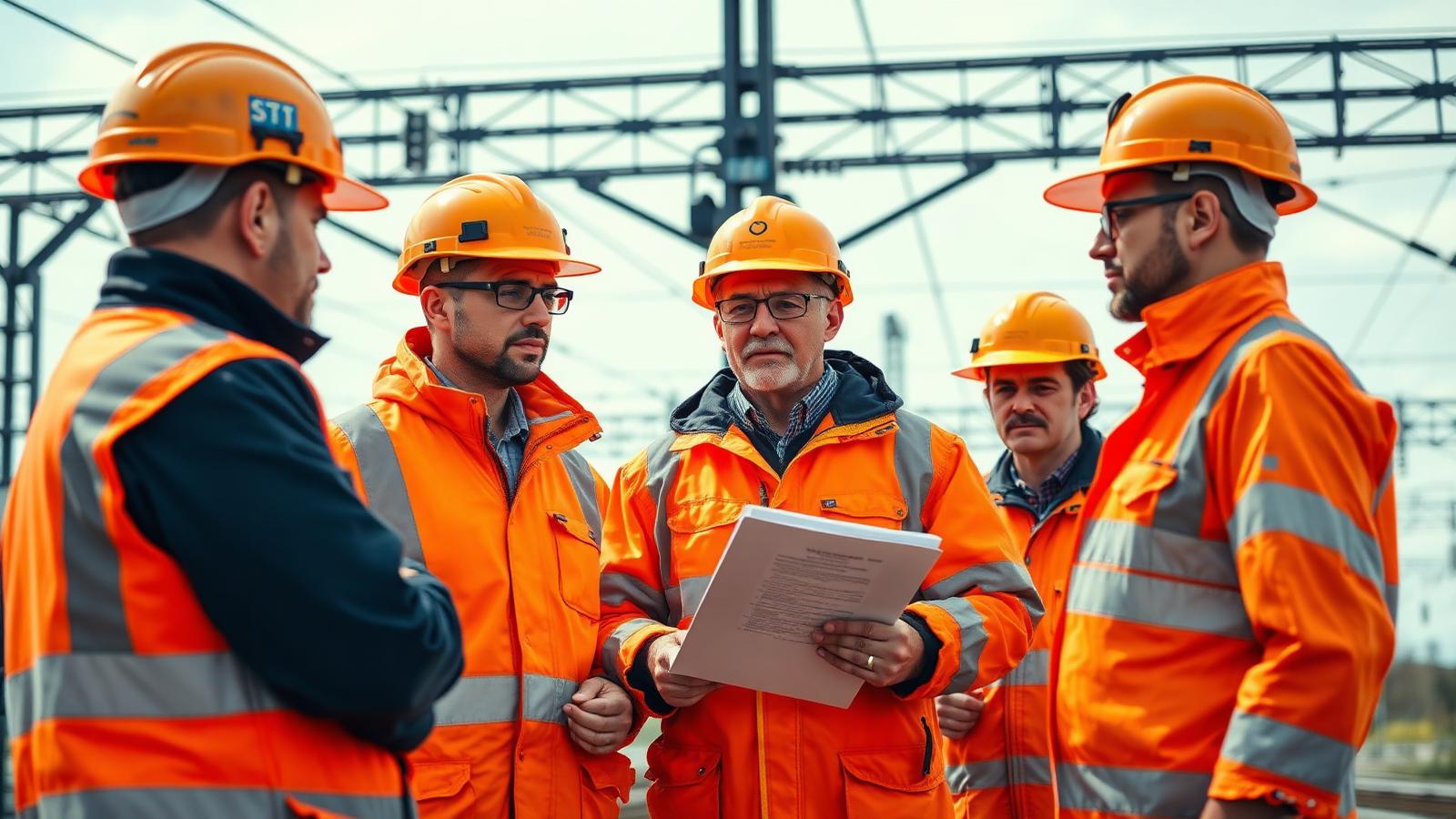 Mehrere Arbeiter in orangefarbener Warnkleidung und mit Helmen stehen vor Oberleitungsmasten; eine Person hält Unterlagen und weist ein