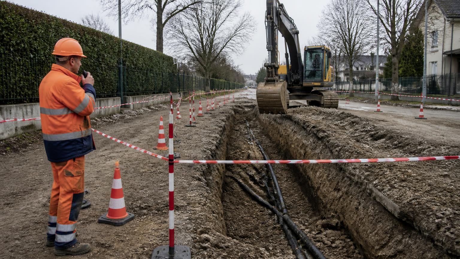 Mit Flatterband und Leitkegeln abgesperrter Graben, die Maschine steht still, ein Beschäftigter meldet außerhalb der Absperrung per Funk