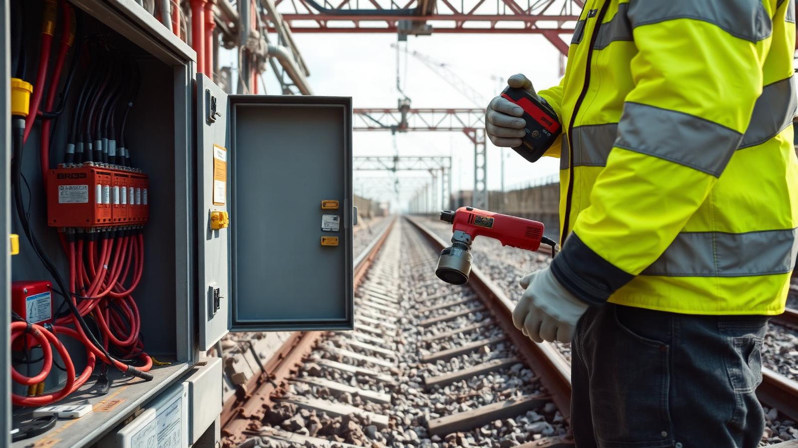 Geöffneter Baustromverteiler mit Kabeln und Schutzschaltern, daneben eine Person in Warnkleidung mit Elektrowerkzeug