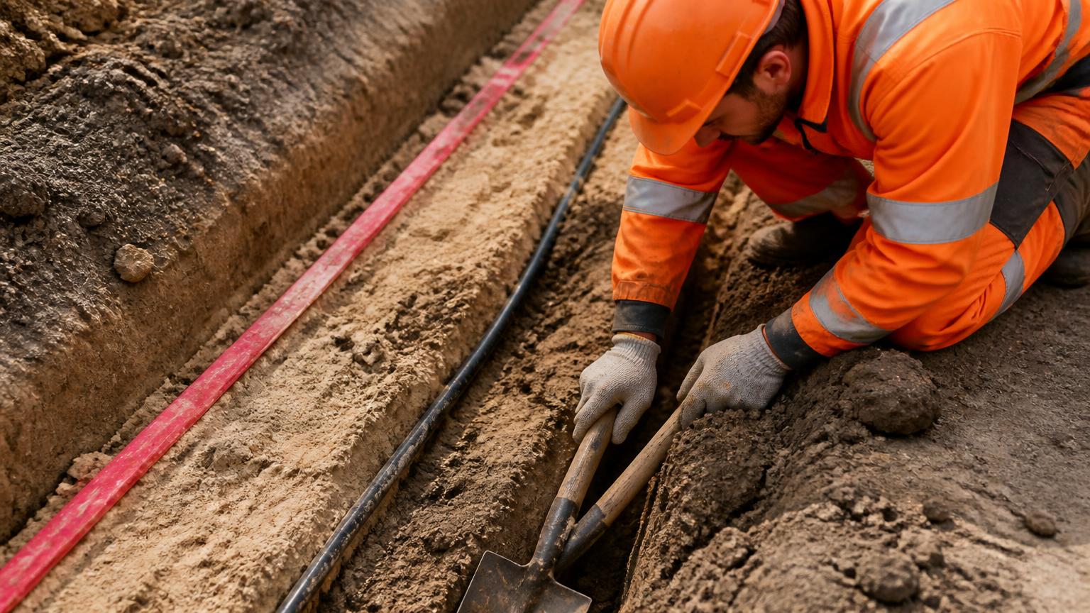 Beschäftigter in Warnkleidung schachtet mit dem Spaten von Hand neben einem freigelegten Kabel im Sandbett mit rotem Warnband