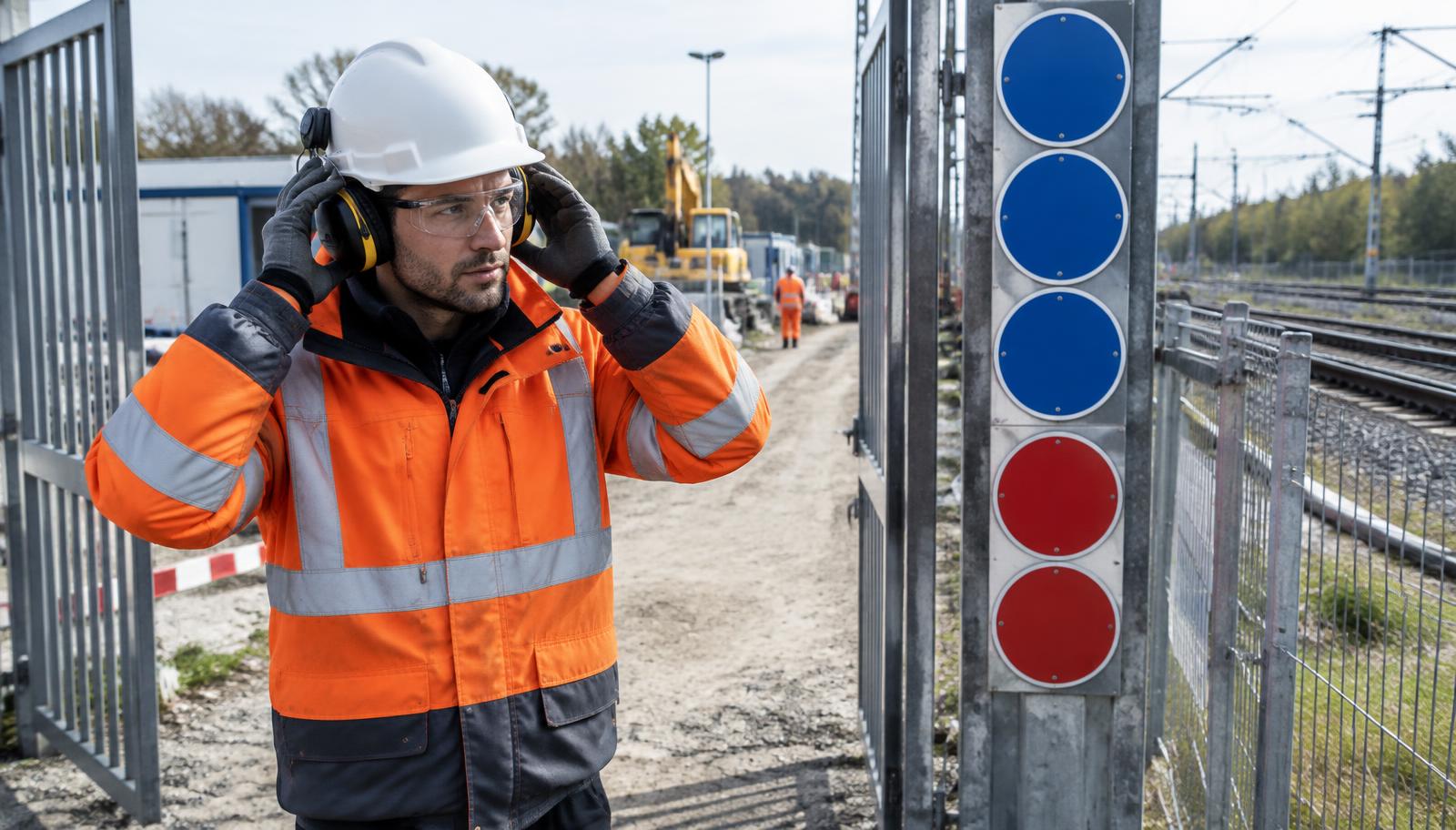 Arbeiter legt vor dem Baustellentor Helm, Gehörschutz und Schutzbrille an, daneben eine Tafel mit blauen und roten Schildern