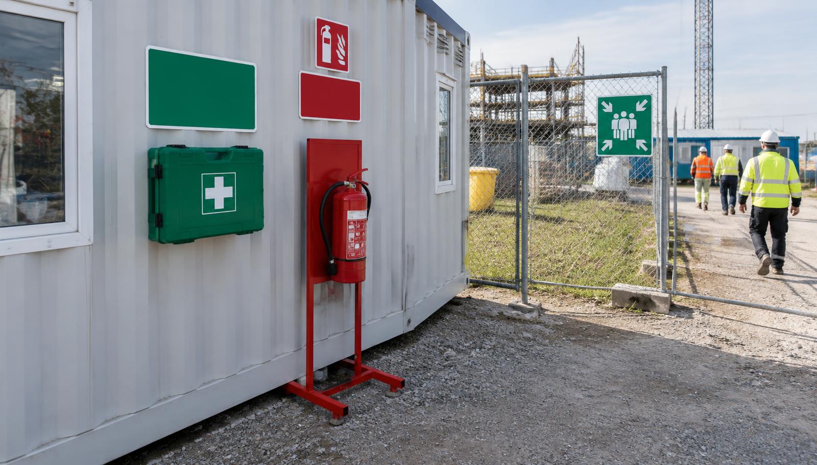 Baucontainer mit grünem Erste-Hilfe-Kasten, rotem Feuerlöscher und Hinweis auf die Sammelstelle