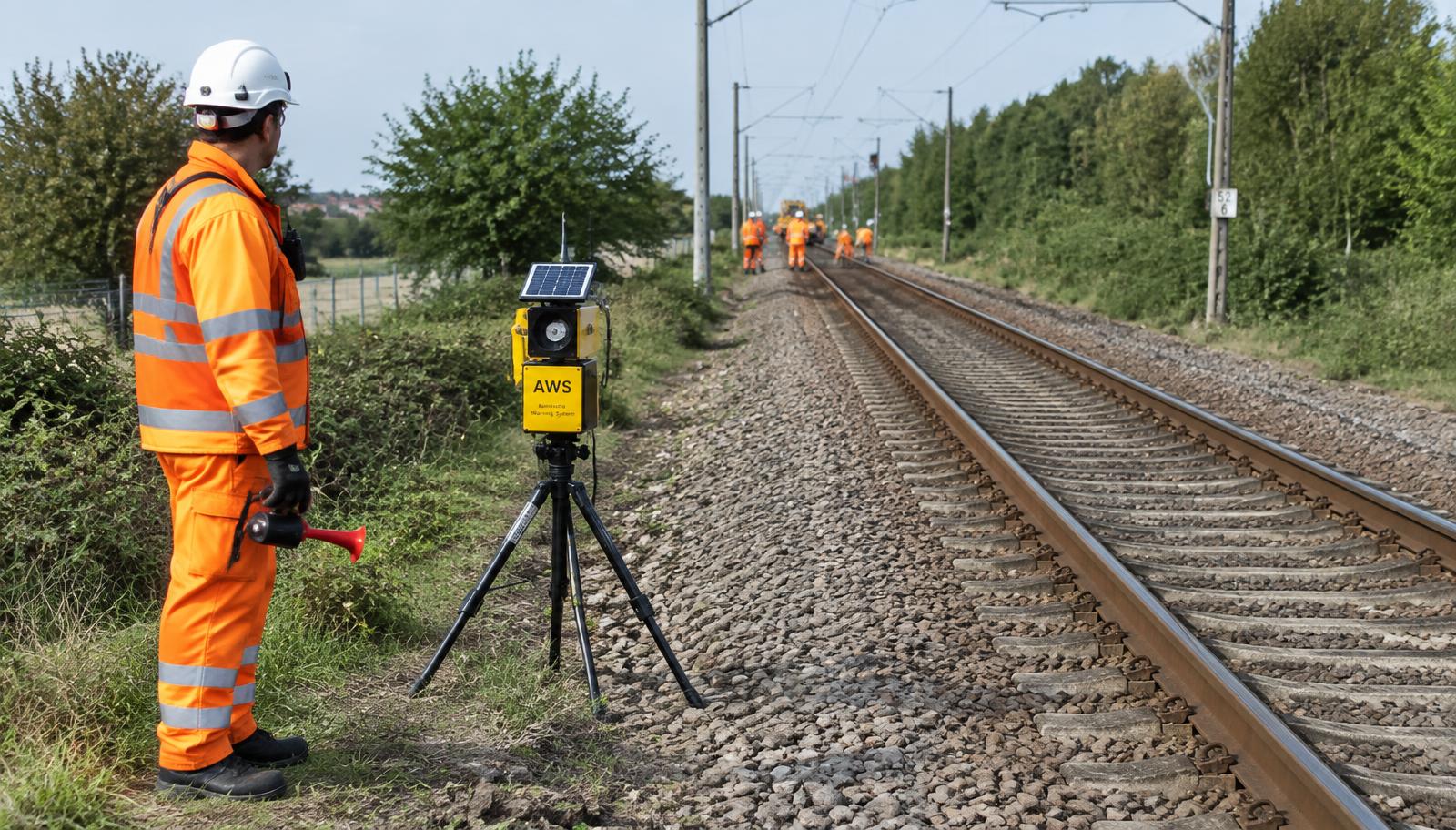 Sicherungsposten mit Signalhorn am Gleis